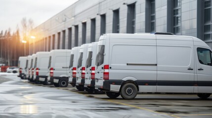 A line of delivery company white vans parked neatly in front of a commercial building