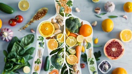 Photo of a human immune system outline packed with immune-boosting foods like citrus fruits and garlic - 795414150