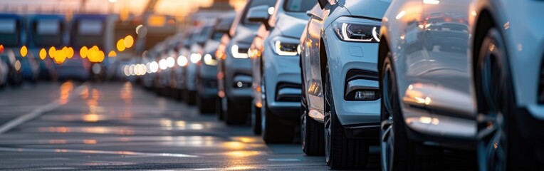 A line of parked cars belonging to a transport company sit side by side in a designated parking area