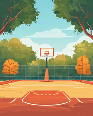 Outdoor basketball court scene in flat graphics