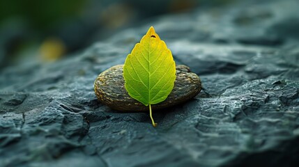 A single green leaf sits on a smooth rock.