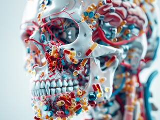 Fototapeta premium A skull filled with pills and capsules instead of a brain.