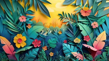 Tropical Plants and Flowers Painting on Yellow Background