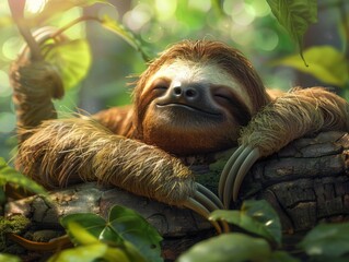 Naklejka premium A sloth is smiling while sleeping on a tree branch in the jungle.