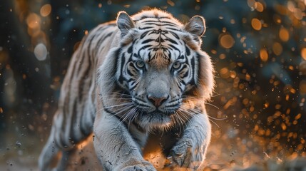 Bleached tiger in a snowy forest and winter background