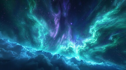 Fototapeta na wymiar Aurora: A captivating 3D representation of the aurora borealis, with vivid streaks of green and purple