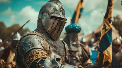 Reenactors dressed as medieval knights during a jousting tournament