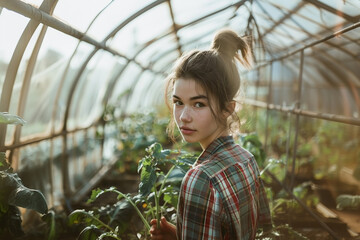 A Caucasian young woman in a bun and informal clothes, working in a glass greenhouse with vegetables, looking at the camera, soft light.