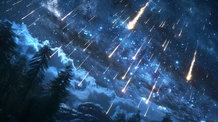 Comet and Meteor: A 3D rendering of a meteor shower, with multiple meteors streaking through the atmosphere