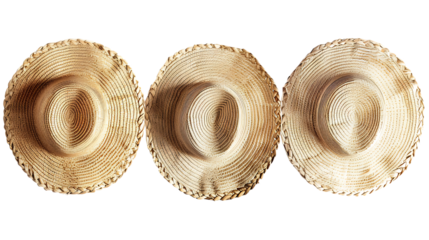  three straw hats lined up next to each other.
