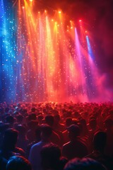 An energetic concert crowd with colorful lights and silhouette. AI generate illustration