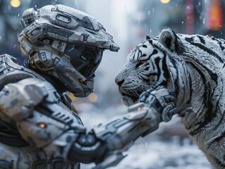A soldier in futuristic armor petting a white tiger in a snowy city.