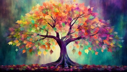 colorful tree of life with colorful leaves on hanging branches illustration background abstraction wallpaper