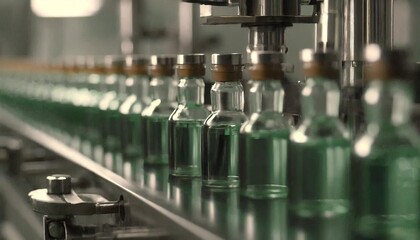medical vials on production line at pharmaceutical factory pharmaceutical machine working pharmaceutical glass bottles production line