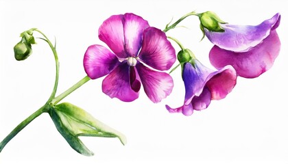 pink sweet pea flower watercolour illustration of purple sweet peas stem isolated on white background