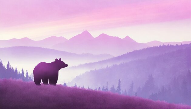 horizontal banner silhouette of bear standing on grass hill mountains and forest in the background magical misty landscape trees animal pink and violet illustration bookmark