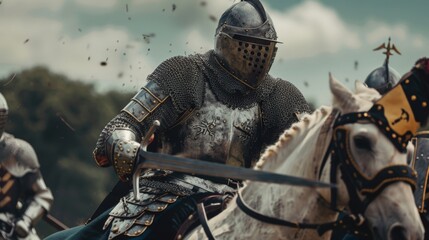 Reenactors dressed as medieval knights during a jousting tournament