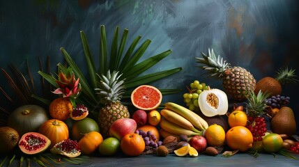 A colorful display of fruits and s, including oranges, apples, grapes, and bananas