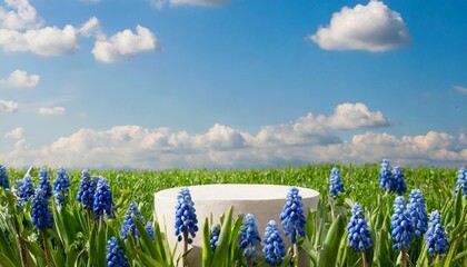 natural beauty podium backdrop with spring blue flowers landscape scene 3d rendering