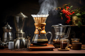 Coffee making equipment and tools at home kitchens to brew hot coffee that drips into cups