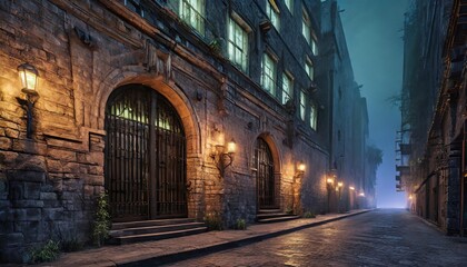 wall of an old building with gates and neon lights on a street of futuristic city 3d illustration...