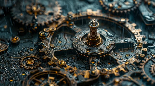 A steampunk style image of a clockwork mechanism with rain on it.