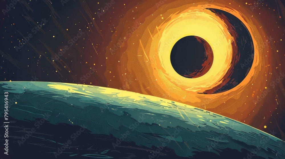 Wall mural eclipse: a vector illustration of a solar eclipse, showing the moon passing between the sun and the 