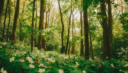 green trees and flowers in a sylvan forest