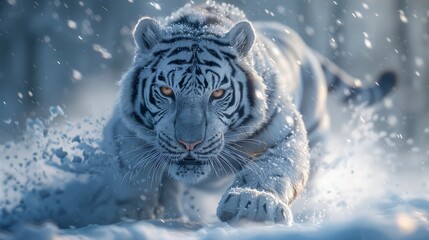 Bleached tiger in a snowy forest and winter background