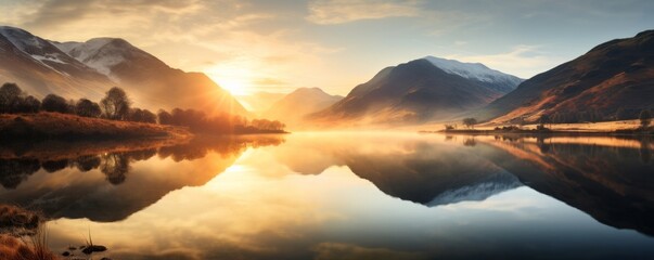 Golden sunrise over a tranquil mountain lake with reflections and mist for travel and nature magazines, environmental websites, outdoor lifestyle brands, wall art, and meditation and wellness resource