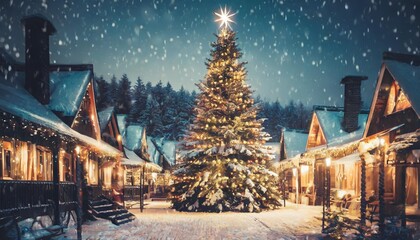 illuminated christmas tree in the center of village christmas night winter landscape with pine tree...