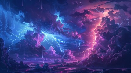 A stormy sky with a lot of lightning and rain. The sky is dark and the clouds are lit up by the lightning. The rain is coming down in sheets.