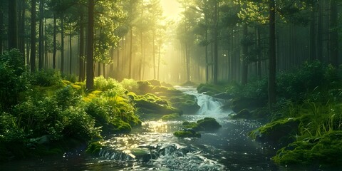 Enchanted Forest Dreamscape with Mystic Stream and Glowing Sunlight