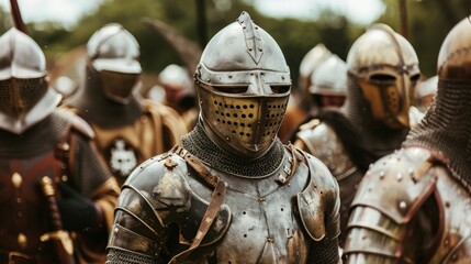 Fototapeta premium Reenactors dressed in medieval armor during a historical battle reenactment