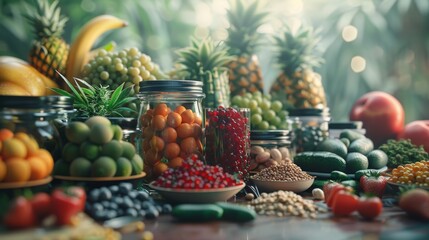 A table full of fruits and vegetables, arranged in a visually appealing way. The background is blurred, and the lighting is soft and natural.