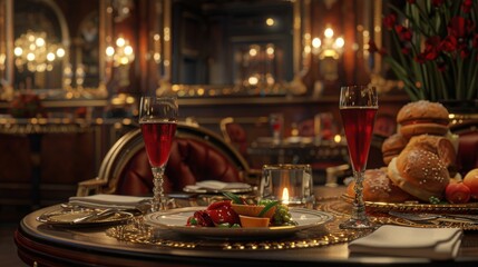 A table set for two in an elegant restaurant. There is a candle, two glasses of red wine, and a plate of food.
