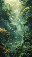 Obraz premium A tall, lush, green jungle with sunlight shining through the trees.