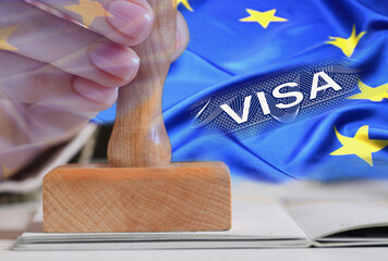 Multiple exposure of woman stamping visa page in passport and flag of European Union, closeup