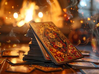 A tarot card spread on a table with a warm fire in the background. - obrazy, fototapety, plakaty