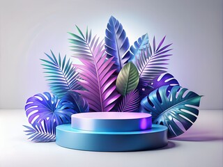 Realistic podium with pink and purple fantastic tropical leaves isolated on white background. Showcase for your product.
