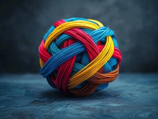 A tangled ball of yarn in blue, red, yellow, and brown.