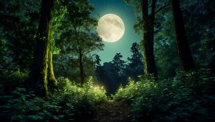 a beautiful fairytale enchanted forest at night with a big moon in the sky illuminating trees and great vegetation