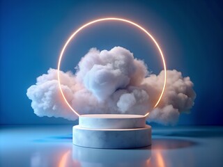 Realistic white fluffy clouds in product podium with neon circle on blue background. Cloud sky background for your design.