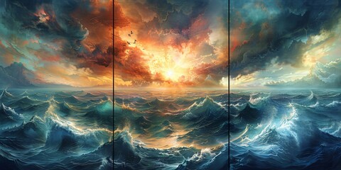 Three panel wall art illustrating an ocean journey from calm seas to stormy waves to peaceful sunrise