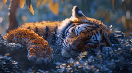 A tiger is sleeping on a tree branch in the jungle. The tiger is mostly orange with black stripes and white on its underparts and face.  - obrazy, fototapety, plakaty