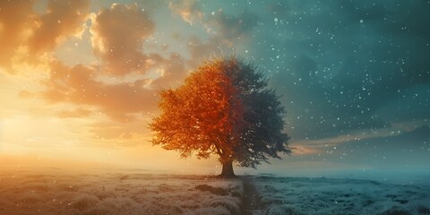 Dramatic Seasonal Shift Captured in Vibrant Autumn Tree Amid Ethereal Skies and Misty Landscape