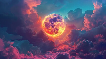 Fototapeta premium Moon: A mystical illustration of the moon surrounded by a ring of colorful clouds