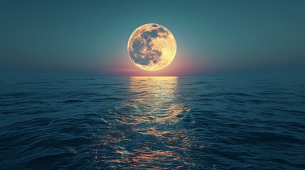 Naklejka na ściany i meble Moon: A peaceful illustration of the moon rising over a calm ocean
