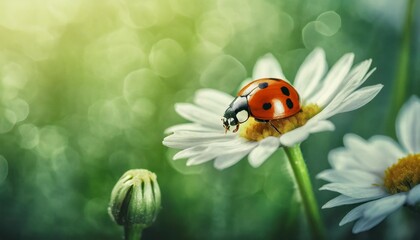 ladybug on white daisy flower in blurred green natural background long banner