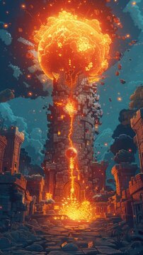 A tower being destroyed by a giant fireball. The tower is made of stone and has a large door at the bottom. The fireball is made of fire and is surrounded by smoke. 